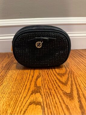 Tory Burch Black Suede Crystal-Stud Cosmetic Case with Gold Logo Charm